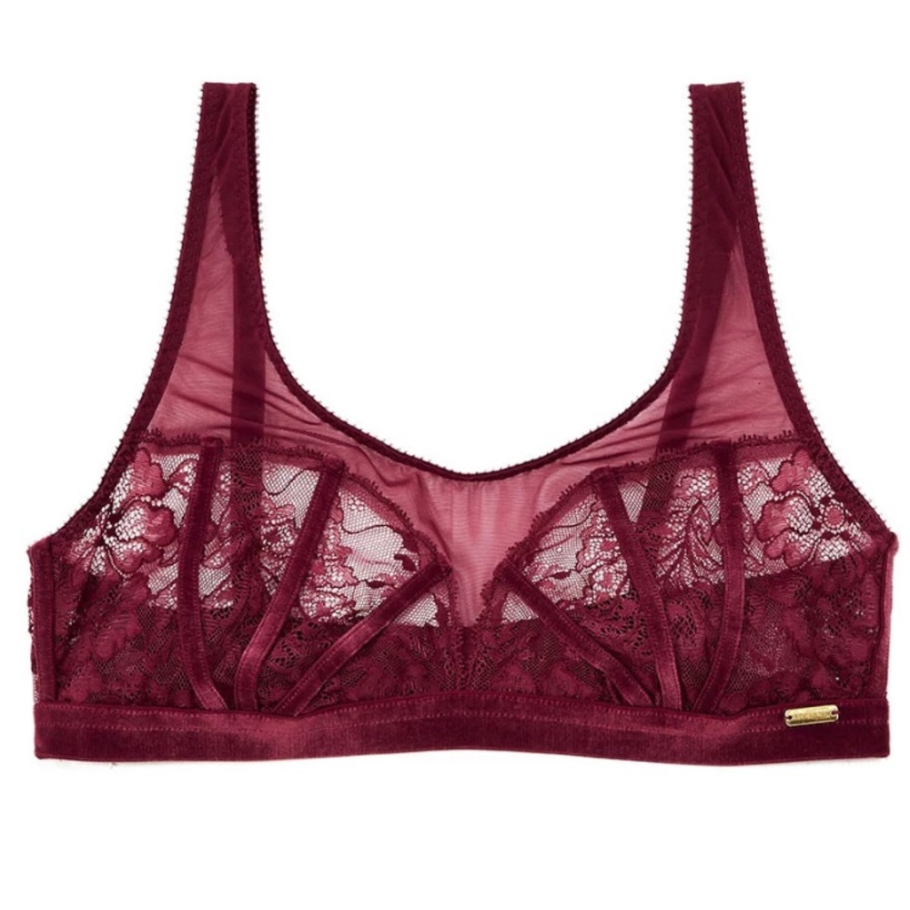 Adore me Velvet Lace Bra Unlined Corset Style Trim Piping Burgundy New w Tag